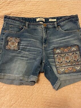 Vintage America Bestie Short Aztec Tribal Embroidery Denim Shorts